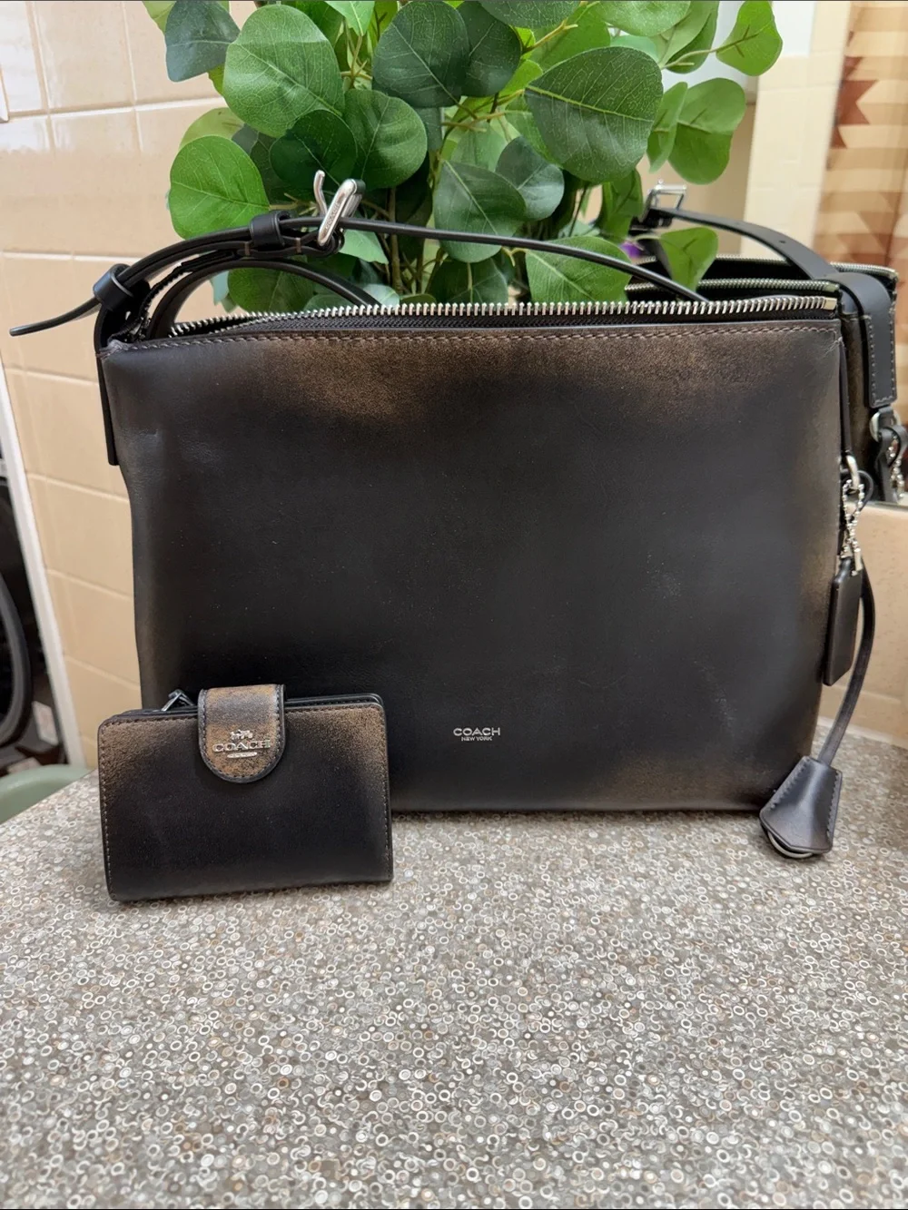 Coach Loved Leather Leather Crossbody Messenger Bag with Matching Card Case